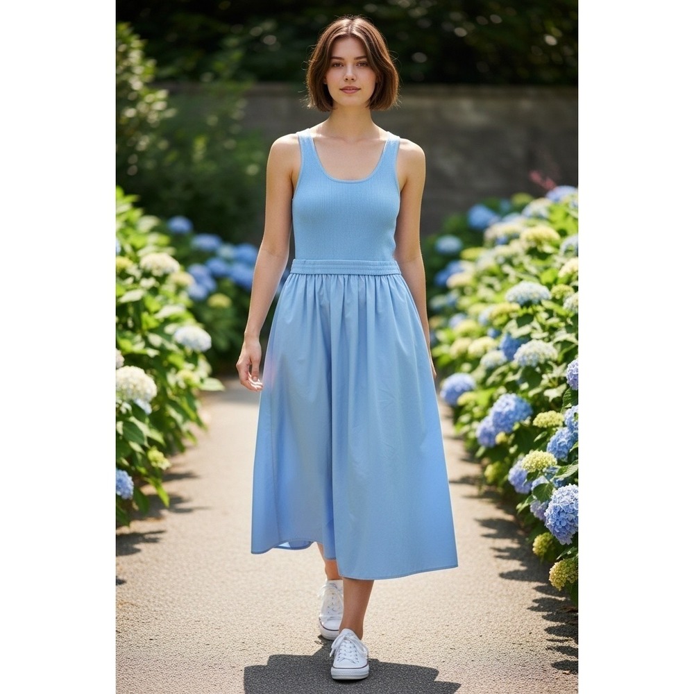 Nation LTD Anthropologie Sadelle Mixed Media Midi Dress Blue Drop Waist S NWT